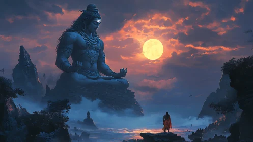 Moonlit mountain god and lone pilgrim in misty twilight.