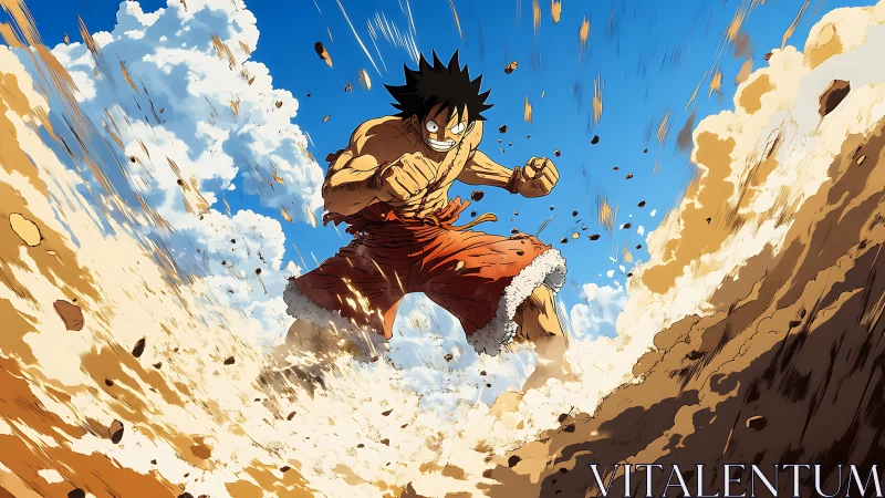 Anime fighter impacts sandy terrain under clear daytime sky