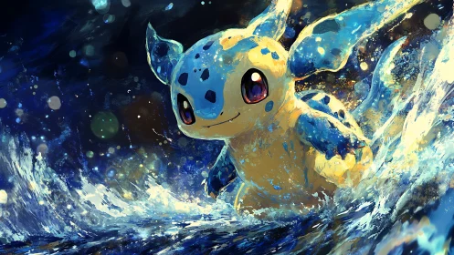 Blue and yellow aquatic creature surging through water.