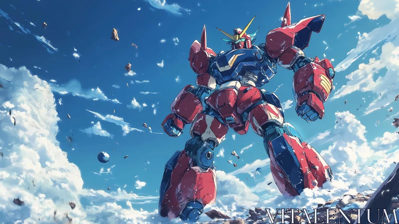 Giant red mecha stands against blue sky and drifting clouds
