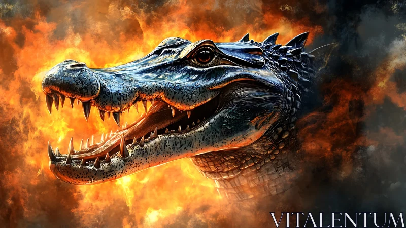 Crocodile head rendered in fire and smoke environment.