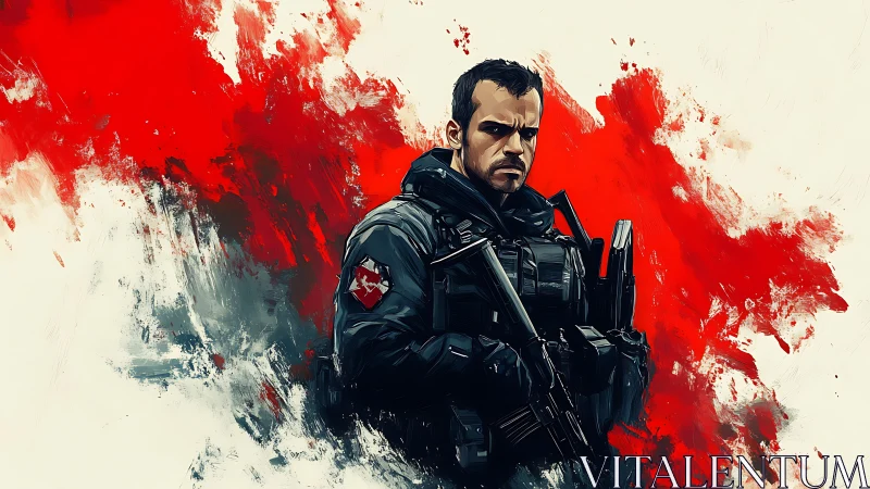 Armored soldier confronts viewer amid abstract red impacts