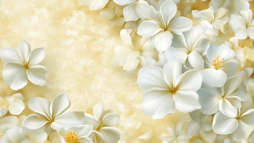 White flowers with golden centers against textured yellow background.