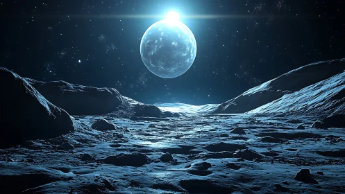 Lunar horizon under radiant blue planet and stellar backlight.