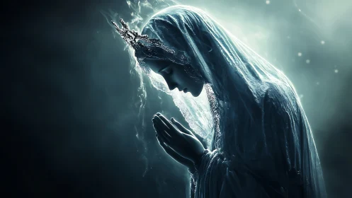 Luminous veiled figure in prayer under ethereal backlight.