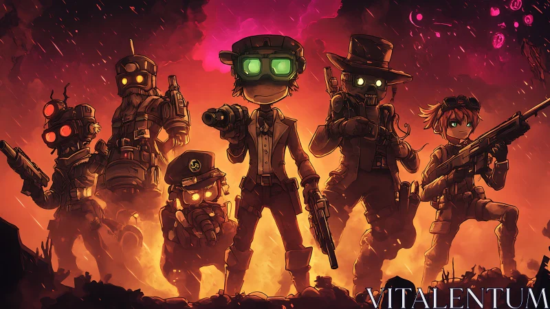 Goggle-eyed wasteland squad posed in burning battlefield glow.