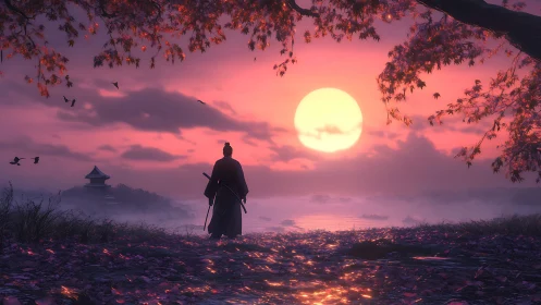 Samurai silhouette by riverside under large setting sun.