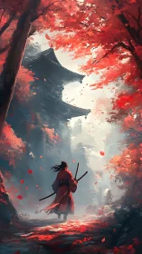 Solitary samurai beneath crimson autumn temple path.