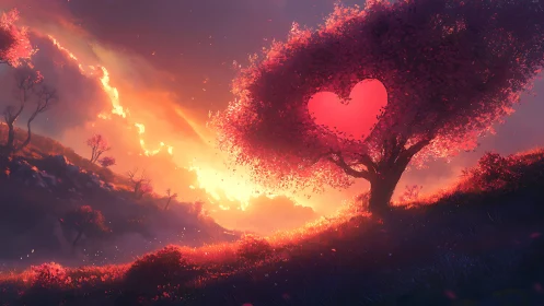 Heart-shaped tree with luminescent particles in sunset landscape.