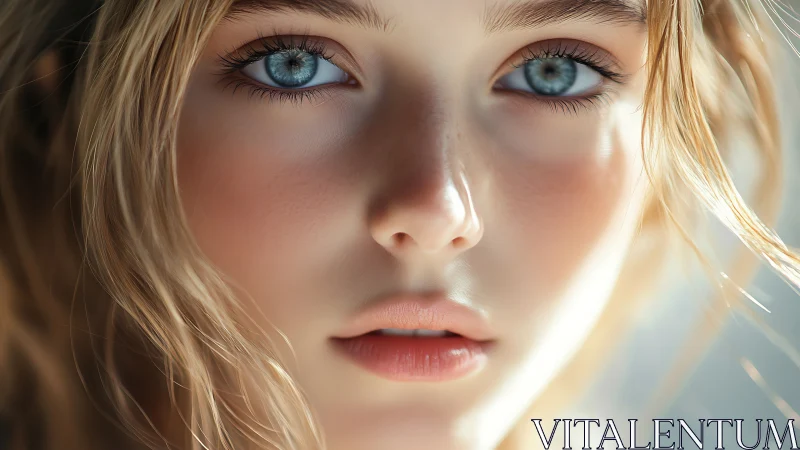 Hyperreal close-up portrait captures luminous blue eyes