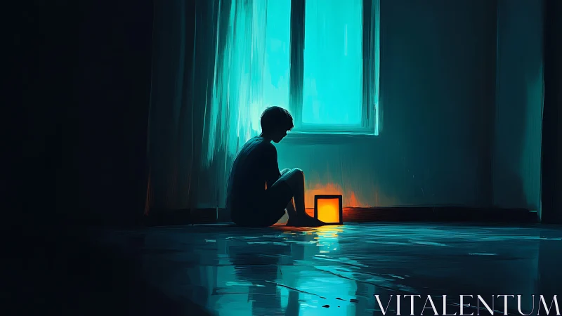 Lonely silhouette cradles a small square sun in neon dusk