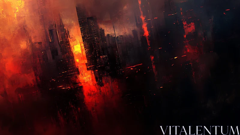 Cybernetic megacity skyline immersed in incendiary inferno glow