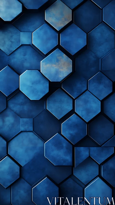 Layered blue hexagonal tiles with beveled edges and soft specular highlights