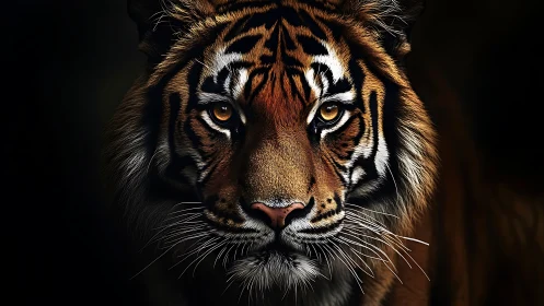 Tiger face rendered with sharp detail on dark background