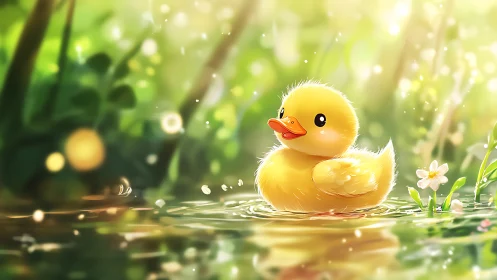 Duckling floats in bright pond with soft glowing bokeh