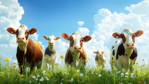 Sunny meadow cows gathering under a bright blue sky.