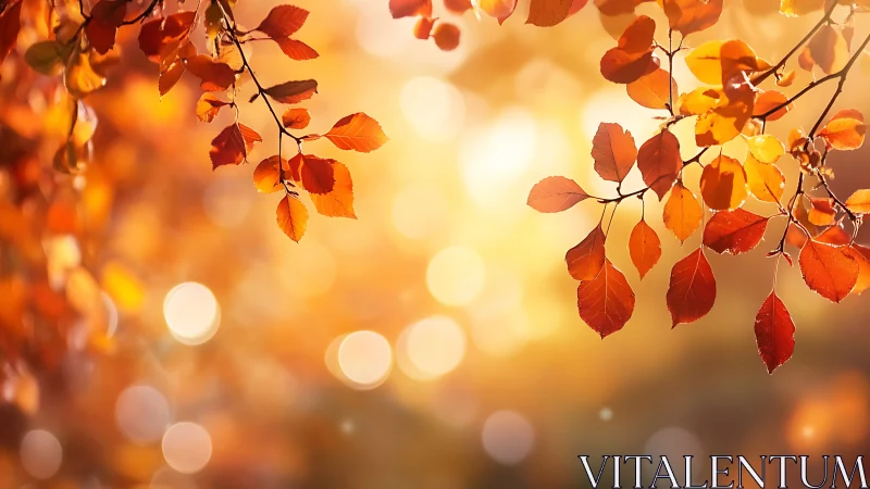 Autumn branches with orange leaves against soft sunlight.