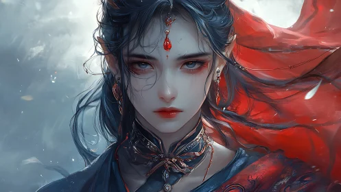 Mystic elf sorceress portrait with crimson windborne veil.