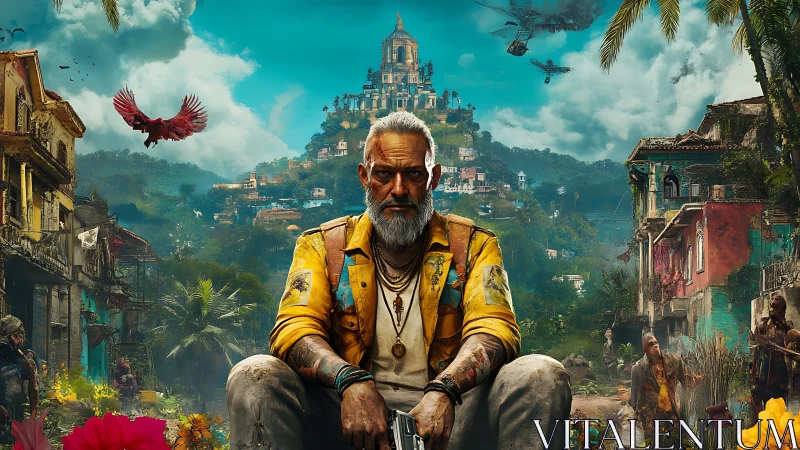 Militarized elder sits before layered tropical hillside fortress city