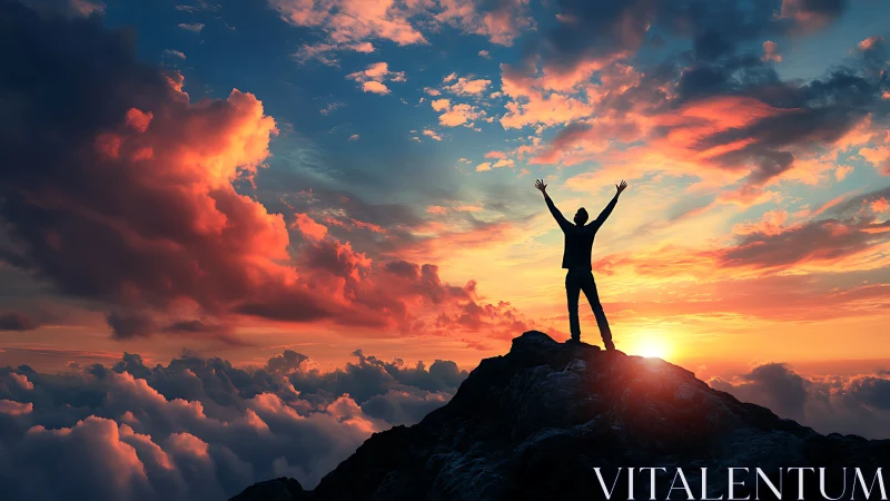 Silhouette stands triumphant on mountain peak at vivid sunset