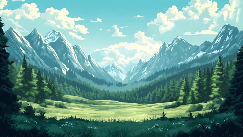 Sunlit alpine meadow beneath towering evergreen ridges.