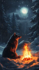 Wolf beside campfire in snowy forest under full moon.