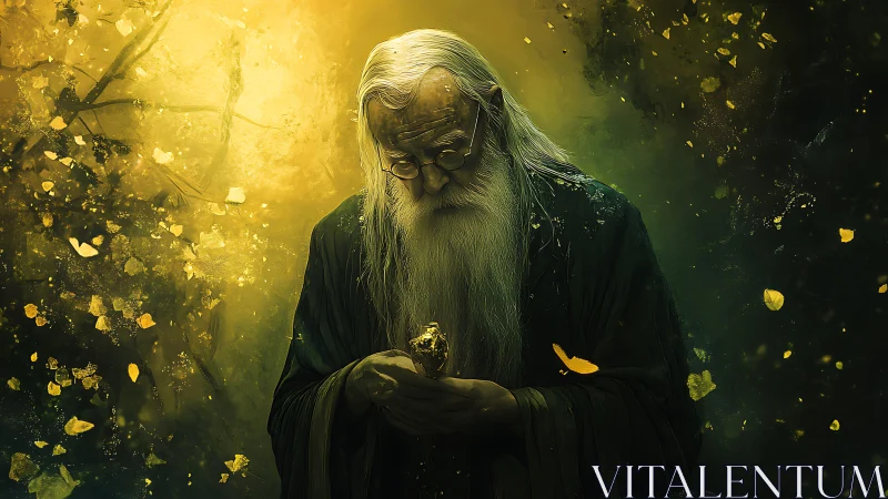 Elderly robed man holding golden object in forest light.