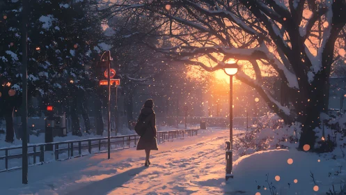 Solitary figure on snowy city path at low winter sunset.