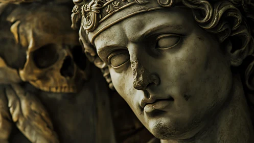 Classical marble visage with vanitas skull in chiaroscuro focus.
