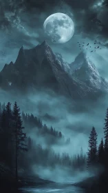 Moonlit mountain mist over a quiet, enchanted forest night.