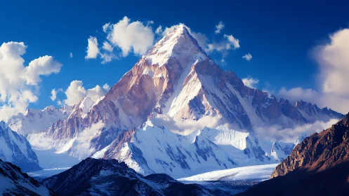 Snow covered mountain peak under deep blue sky clouds.