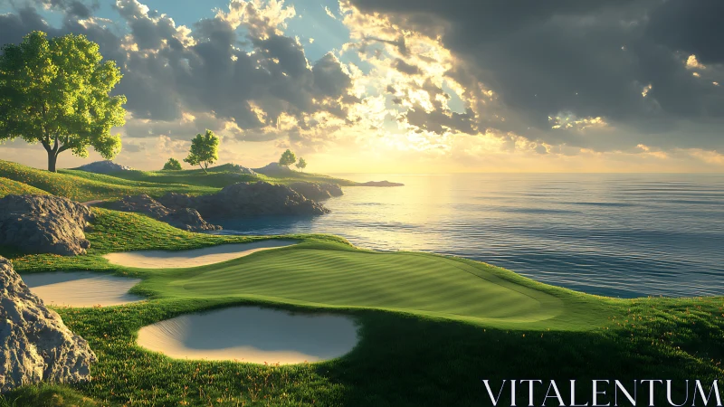 Sunlit oceanfront golf green curves beside bright sand bunkers