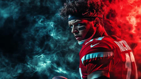 Intense football player stands in dramatic red and blue smoke