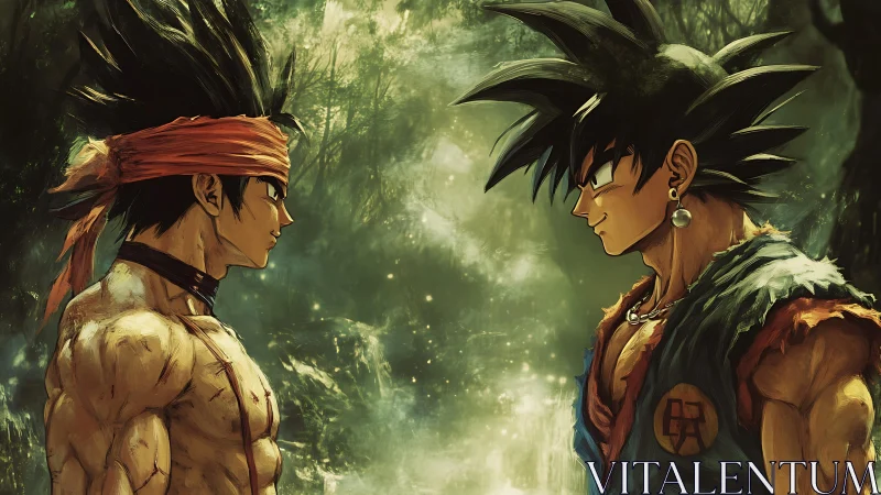 Forest duel of spiky warriors in storm-lit anime standoff.