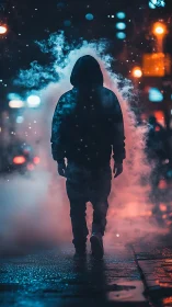 Backlit hooded figure in bokeh-saturated neon street fogscape.