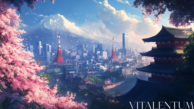 Cherry blossoms framing futuristic Tokyo beneath Mt. Fuji.