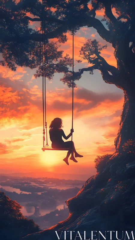 Silhouette of a seated figure on a swing at elevated sunset