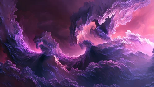Fractal cloud formations in violet and magenta digital sky.