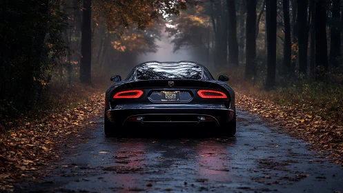 Midnight sports coupe on wet forest road at dusk.