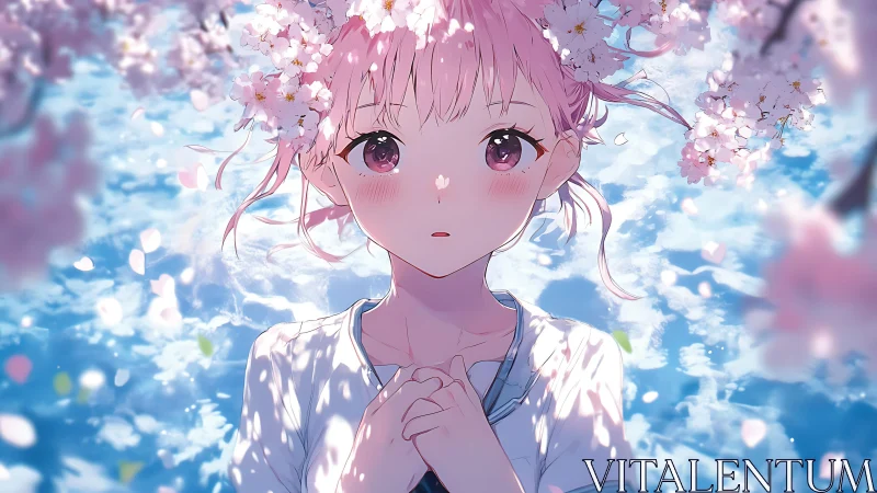 Pink haired girl beneath glowing cherry blossoms skyward