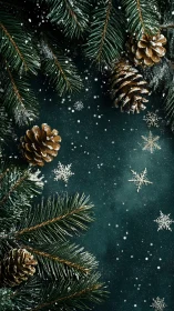 Snow-dusted evergreen branches with pine cones and flakes.