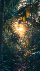 Golden Sunlight Pierces Dense Tropical Jungle Canopy.