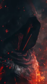 Hooded armored figure stands in glowing red embers and smoke