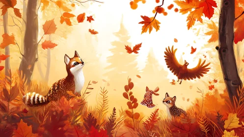 Anthropomorphic forest animals occupy stylized autumn foliage