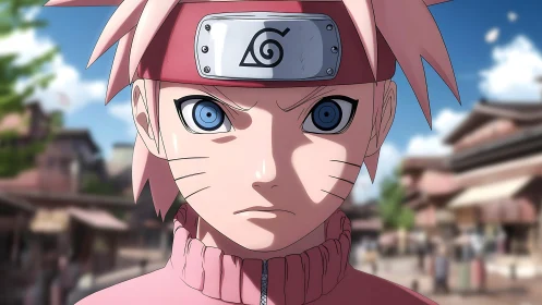 Close frontal view shows stylized character in village street