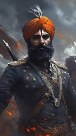 Warrior in orange turban stands amid storm and embers.