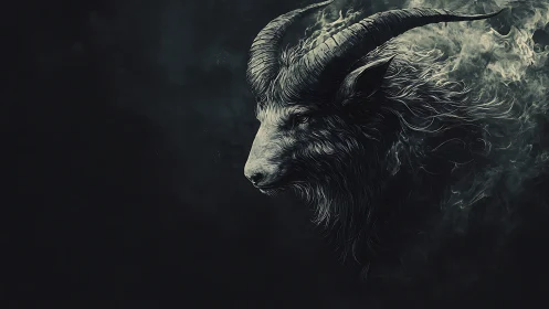 Monochrome horned goat portrait emerging from swirling smoke