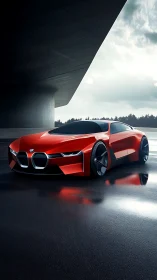 Red BMW concept sports car on wet asphalt under structure.