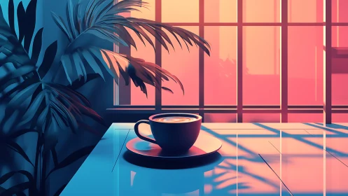 Sunlit coffee cup rests beside tropical leaves at window