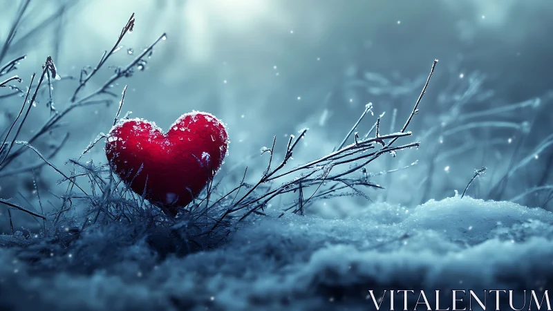 Frozen Red Heart in Snowy Winter Landscape.